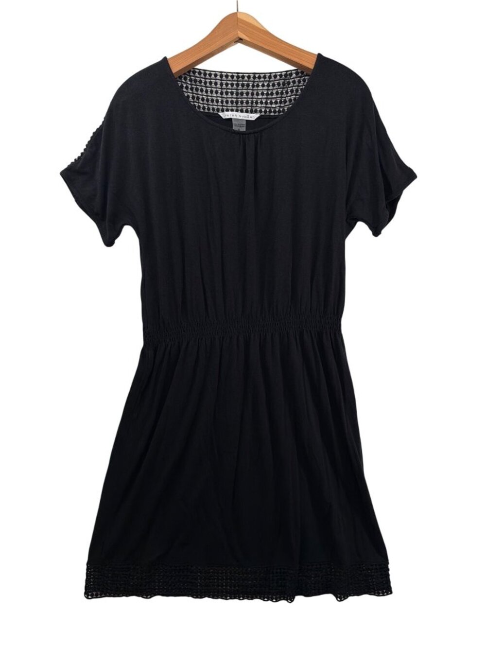 Peter Nygard Dress M Black Stretch Knit Elastic Waist Crochet Trim Urban Modern